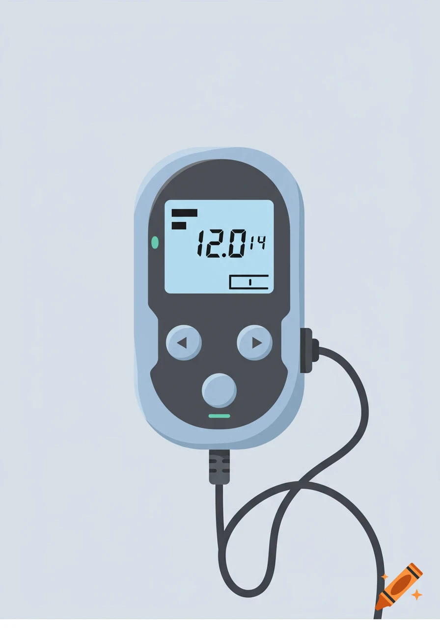 A flat style vector illustration of a grey and light blue TENS unit medical device with a screen displaying '12.0 ' and a black cable.