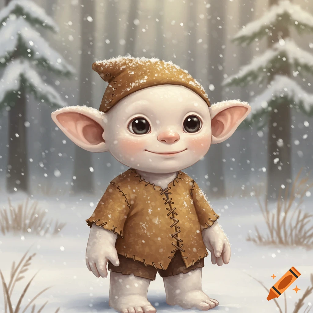 A cute, friendly-looking white-skinned snow goblin with big eyes and ears, wearing brown medieval clothes, stands in a snowy forest with falling snow.