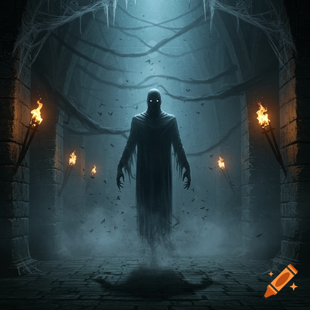 A dark, spectral figure with glowing white eyes stands in a dimly lit stone dungeon with torches, cobwebs, and bats.