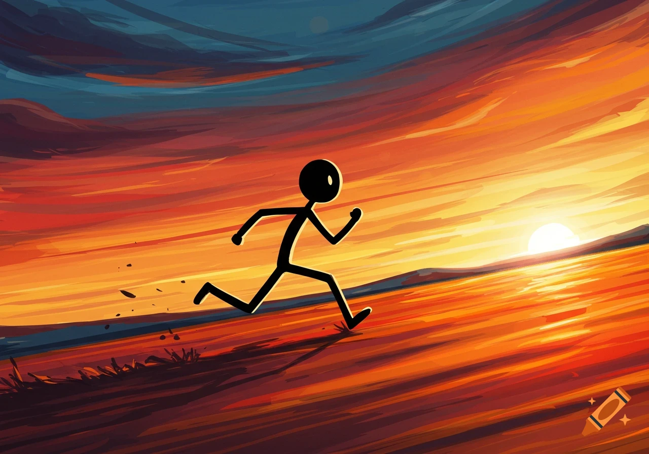 A black stick figure runs across a vibrant, stylized sunset landscape.