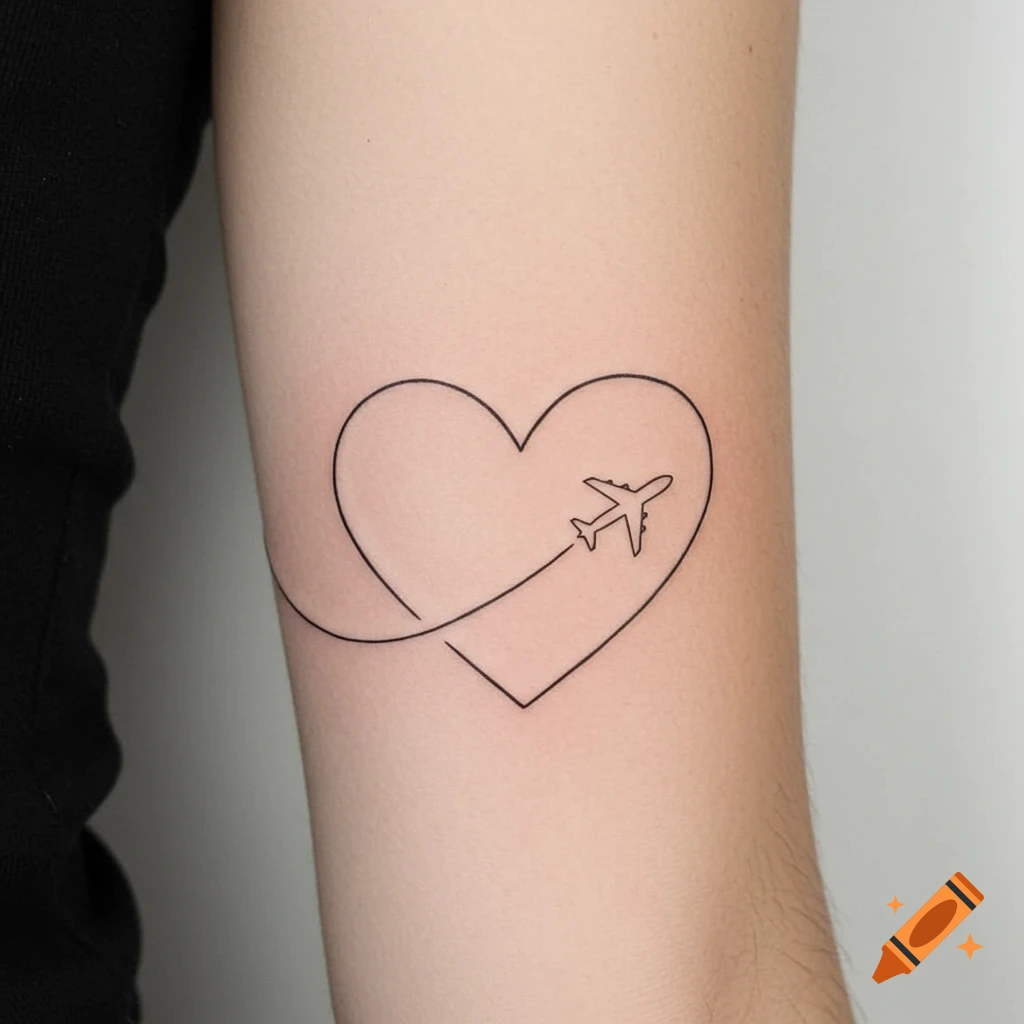 A minimalist line art tattoo of a heart with an airplane flying through it, on an arm.