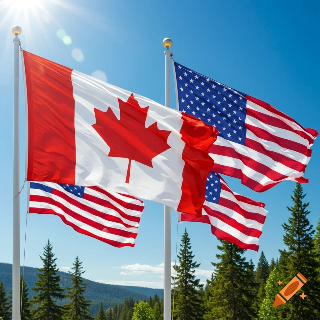 Canadian and American flags fly high against a bright blue sky with sun rays, above green pine trees and mountains.
