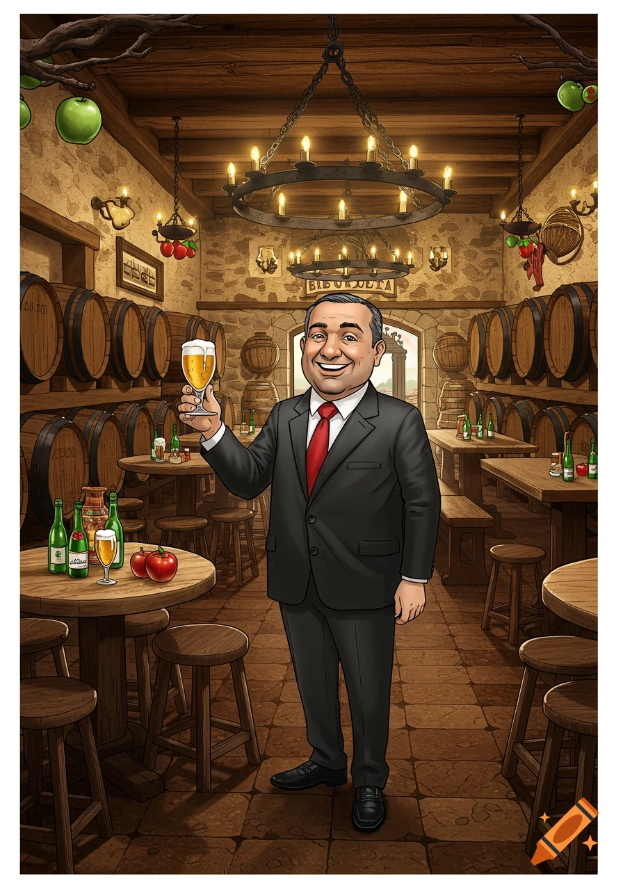 Cartoon man in a suit holding a beer in a rustic cidery with barrels and wooden tables.