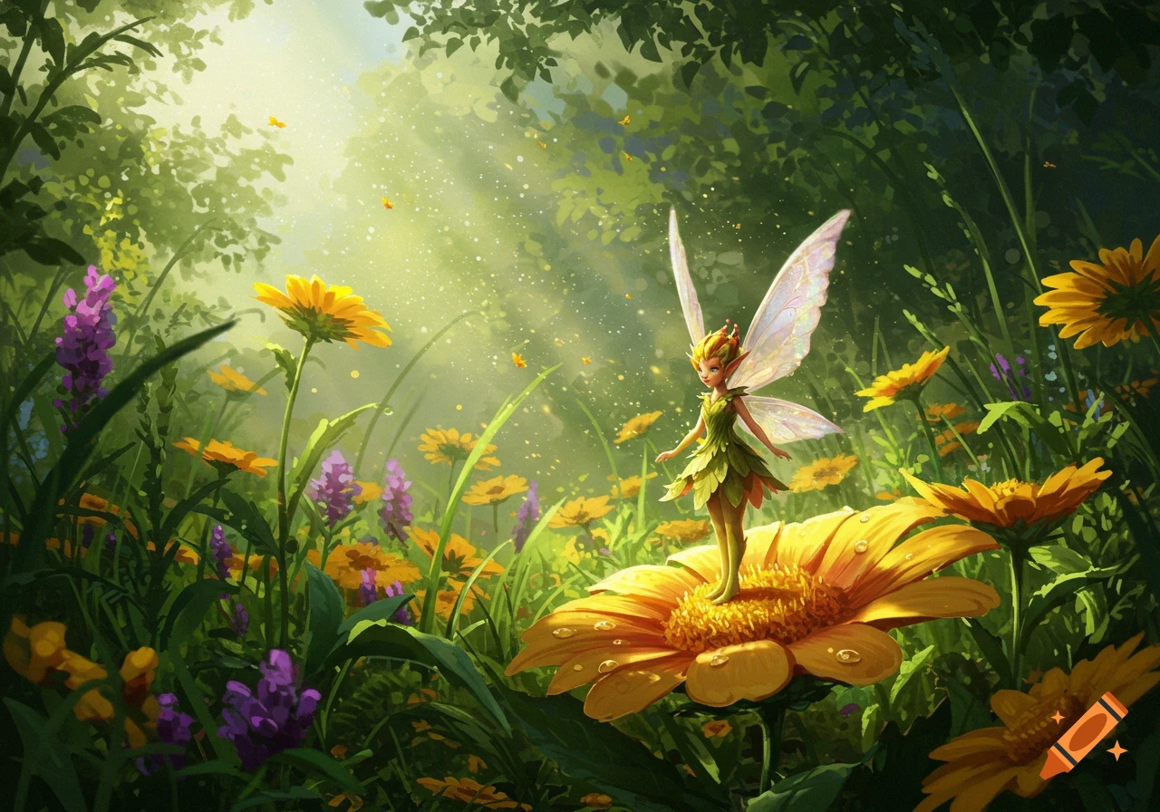 A tiny fairy with transparent wings stands on a large yellow flower in a sunlit, vibrant forest meadow filled with diverse wildflowers.