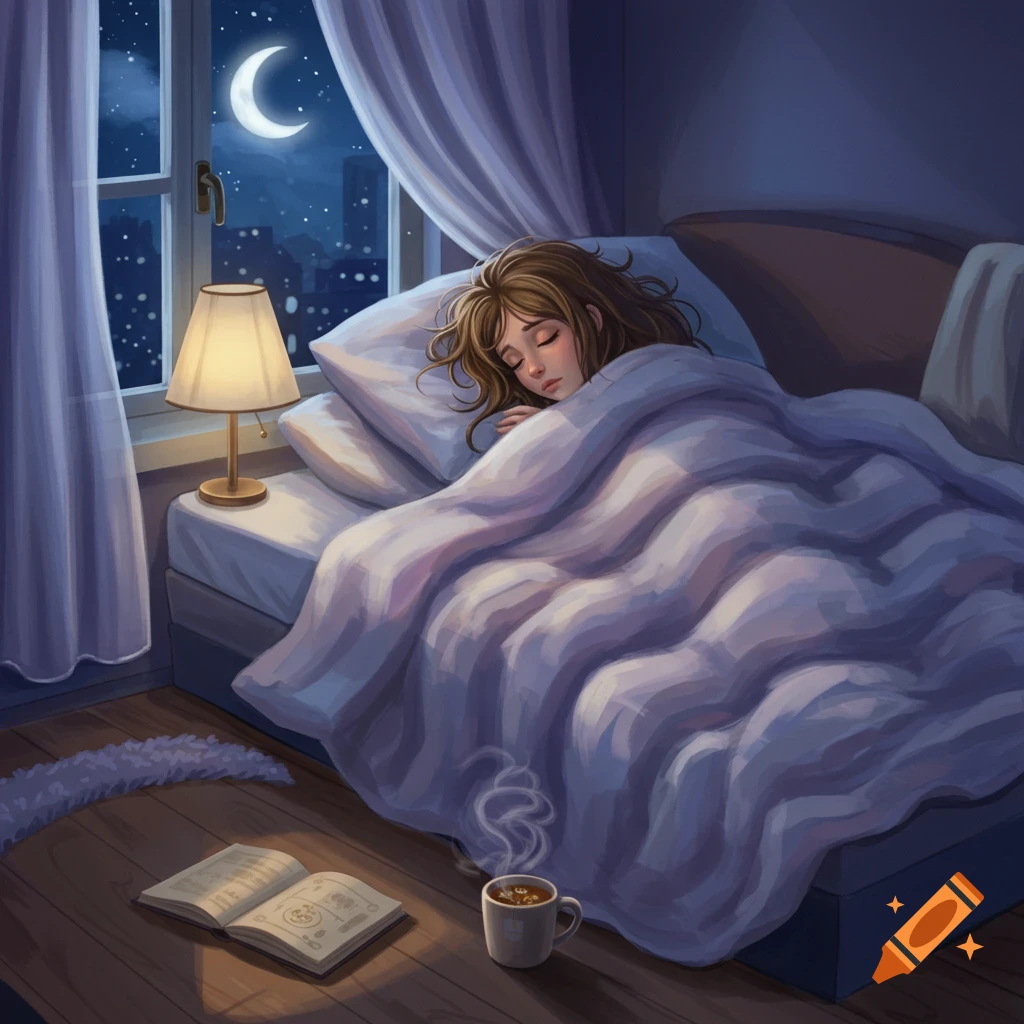 An illustration of a woman sleeping peacefully in a cozy bedroom at night, with a crescent moon and steaming mug.