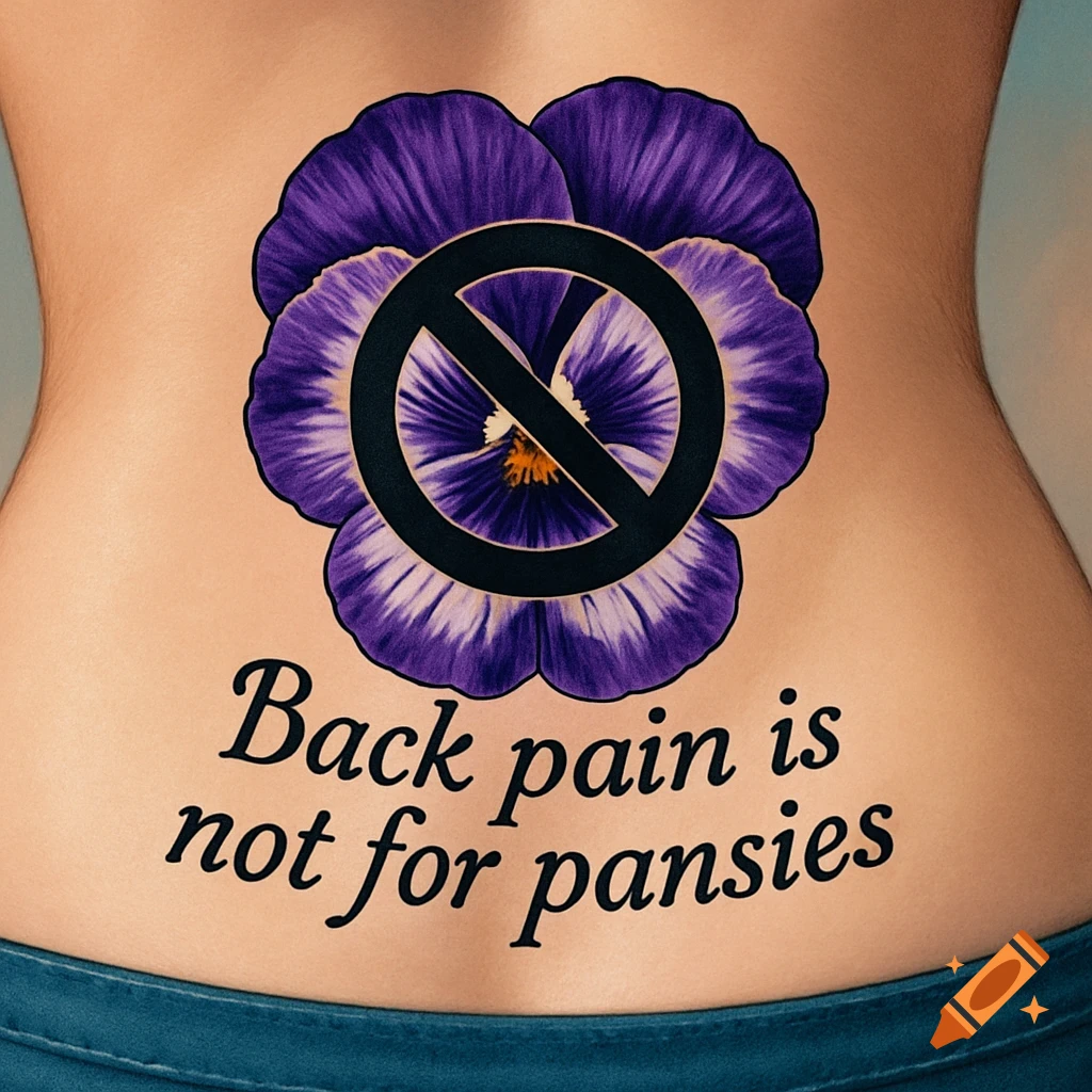 A purple pansy tattoo with a 'NO' symbol on a lower back, with text 'Back pain is not for pansies'.