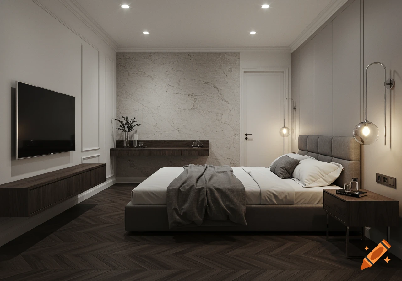 A luxurious modern bedroom with a grey upholstered bed, dark wood furniture, and marble accent wall, lit by warm ceiling and wall lights.