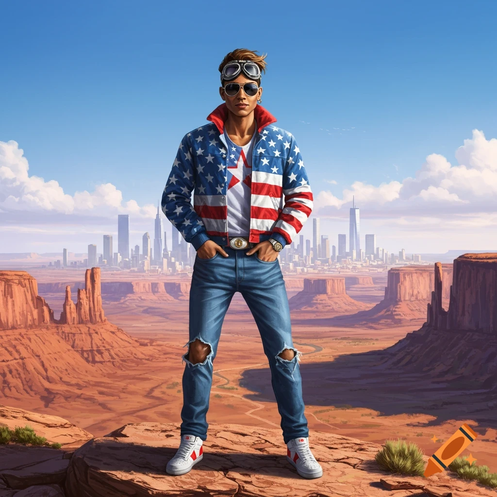 A man in an American flag jacket, ripped jeans, sunglasses, and goggles stands on a desert rock with a city in the background.