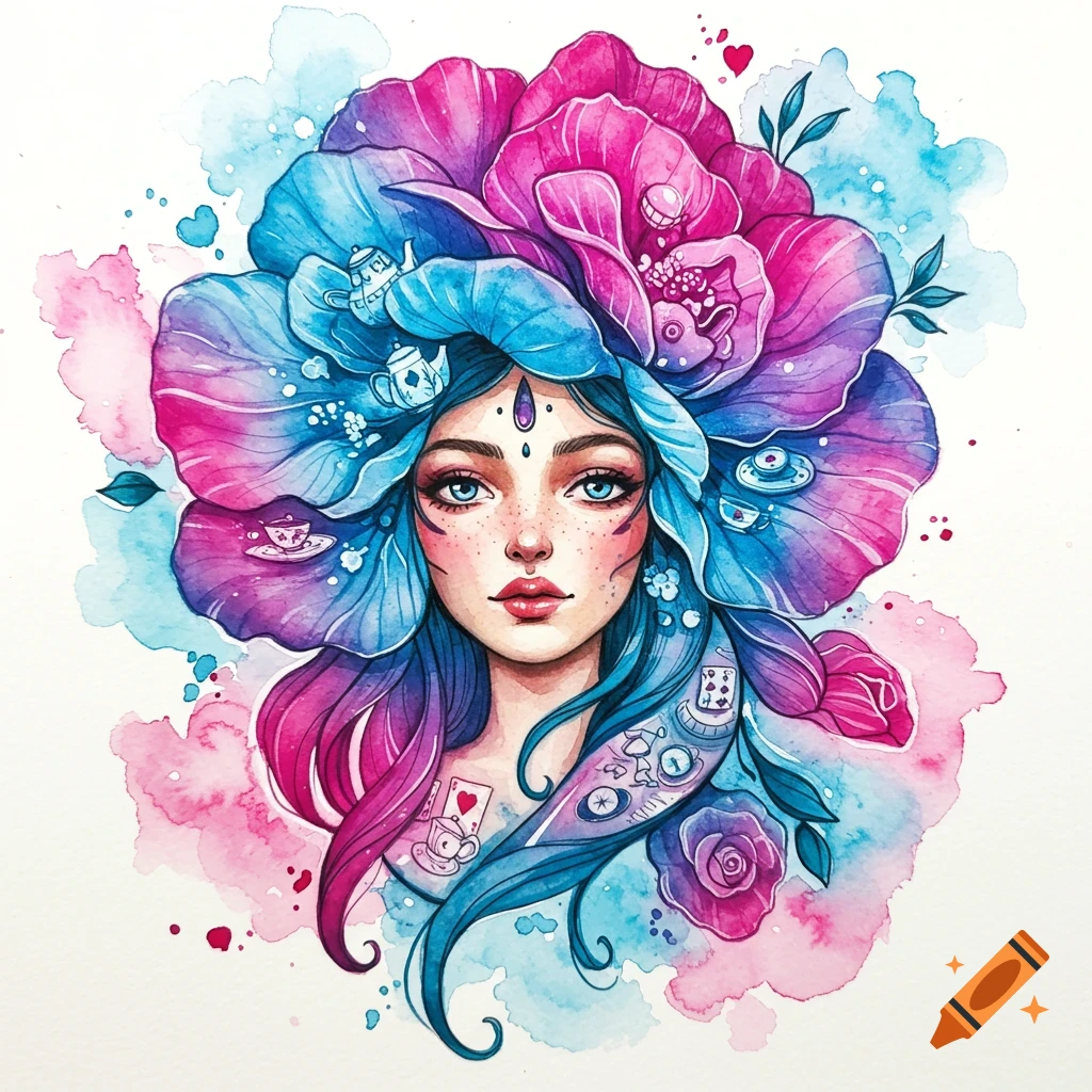 A vibrant watercolor illustration of a woman's head and shoulders, with blue and pink flowers forming a large elaborate headpiece. Small Alice in Wonderland-themed details like teacups and playing cards are integrated into her floral hair.