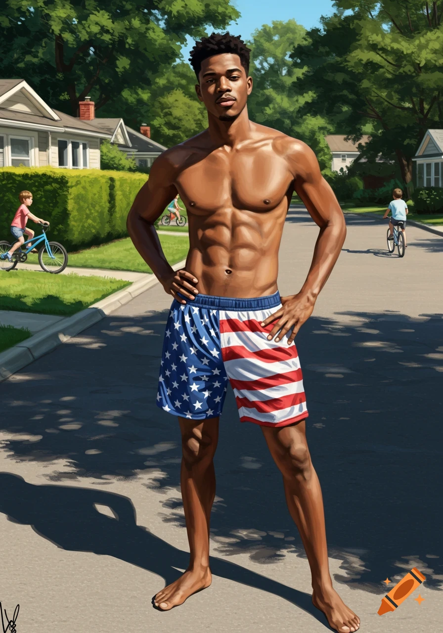 An athletic, shirtless man in American flag shorts stands on a suburban street in a painterly style.