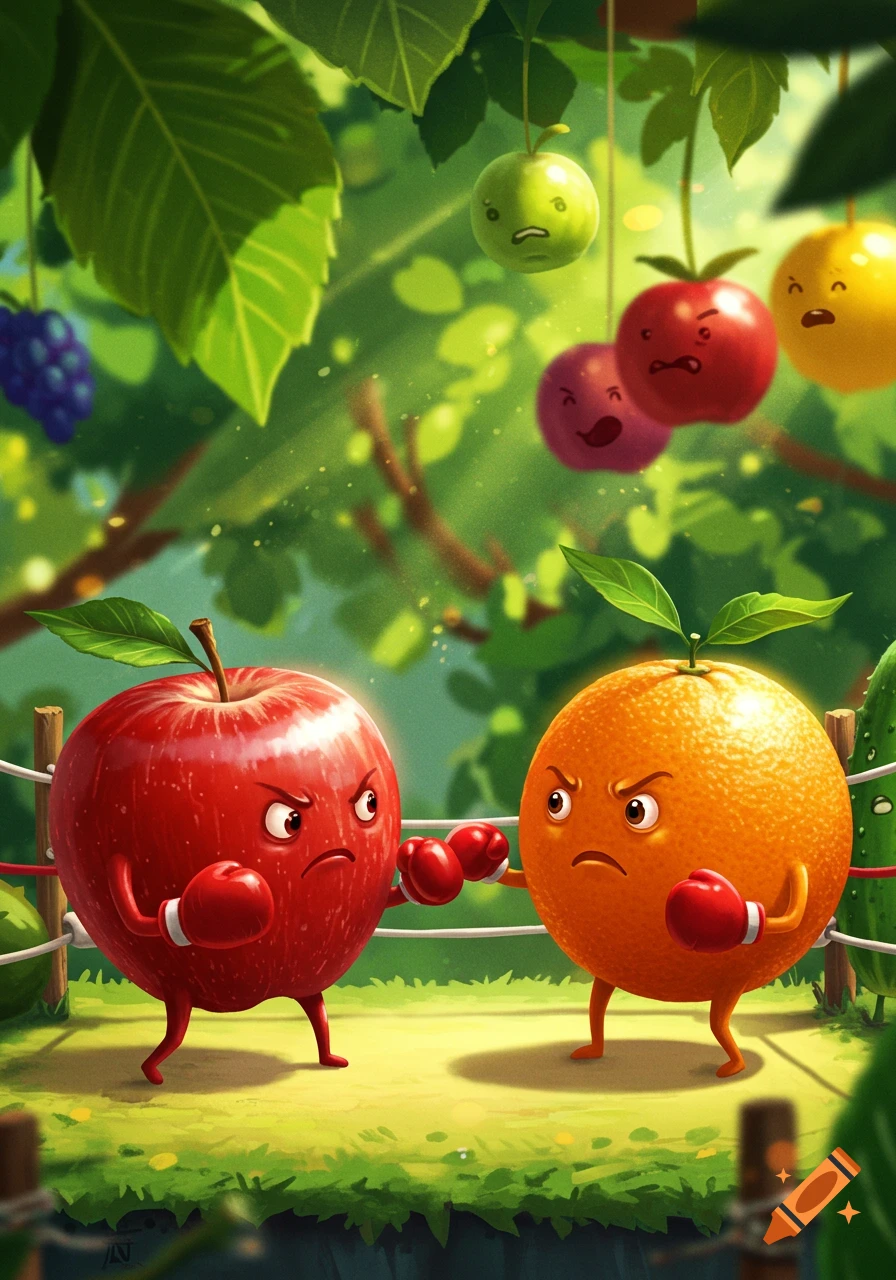 Cartoon illustration of a red apple and an orange in boxing gloves in a ring, surrounded by foliage.
