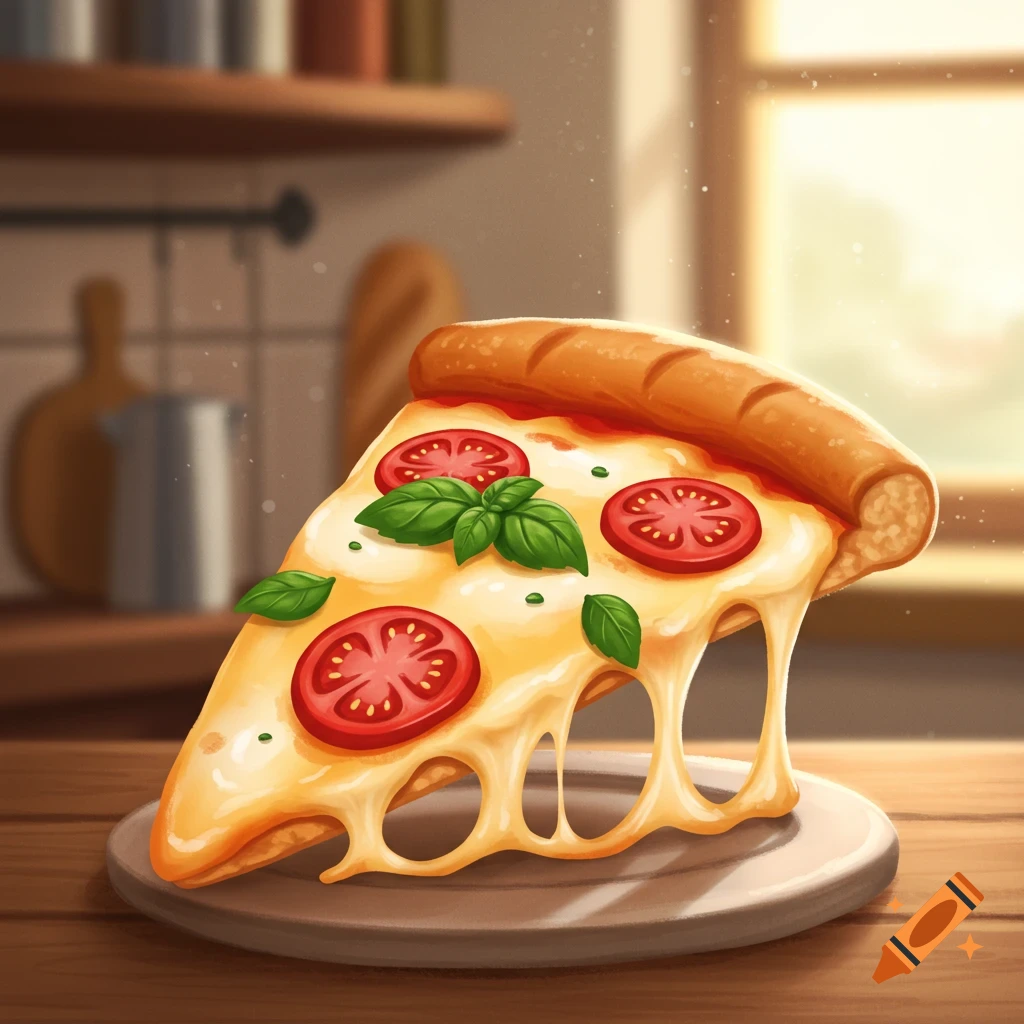 A stylized illustration of a cheesy Margherita pizza slice with tomatoes and basil, dripping cheese onto a plate in a kitchen.