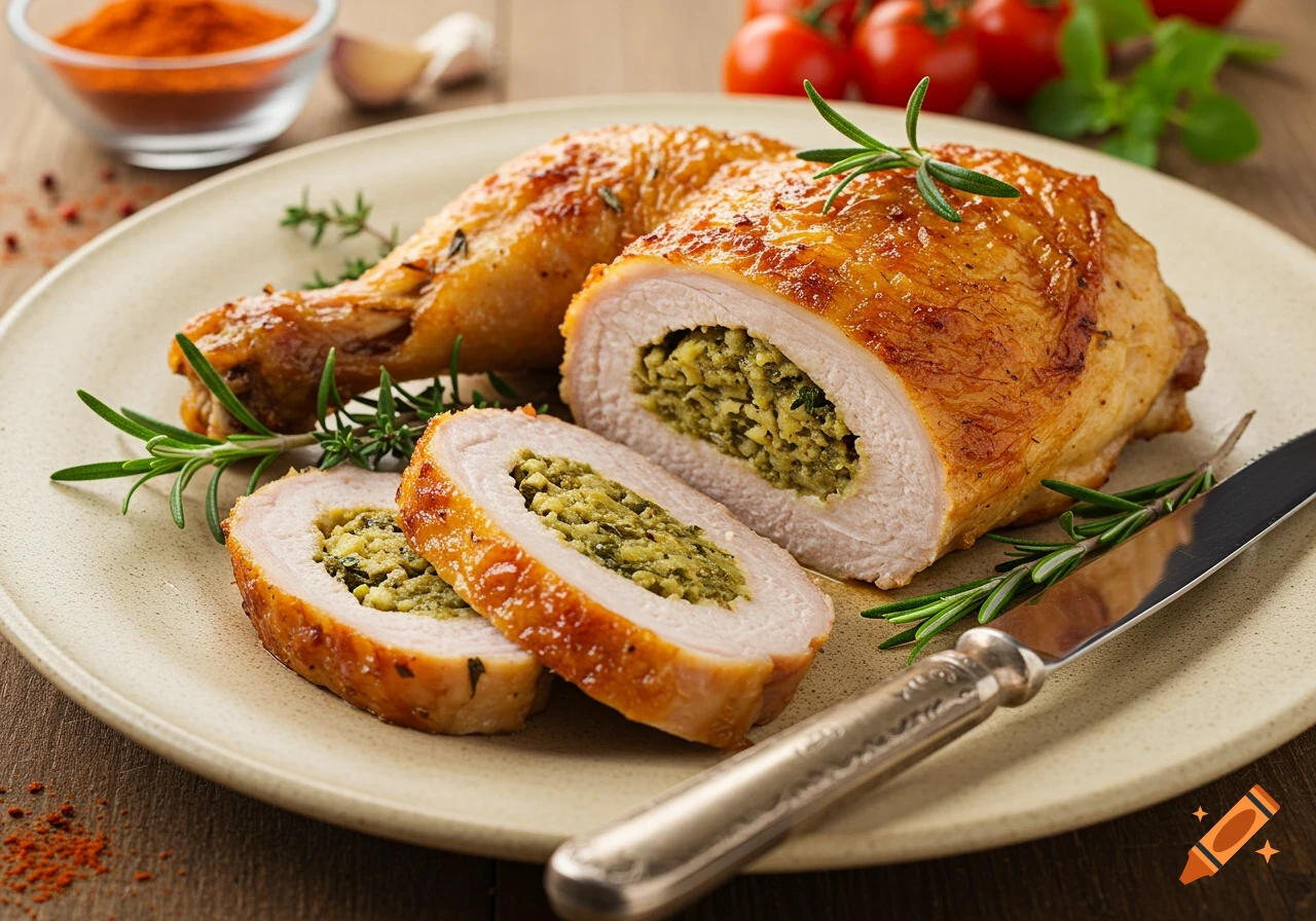 Golden-brown chicken leg and sliced stuffed chicken breast on a plate, garnished with rosemary, with spices and tomatoes.