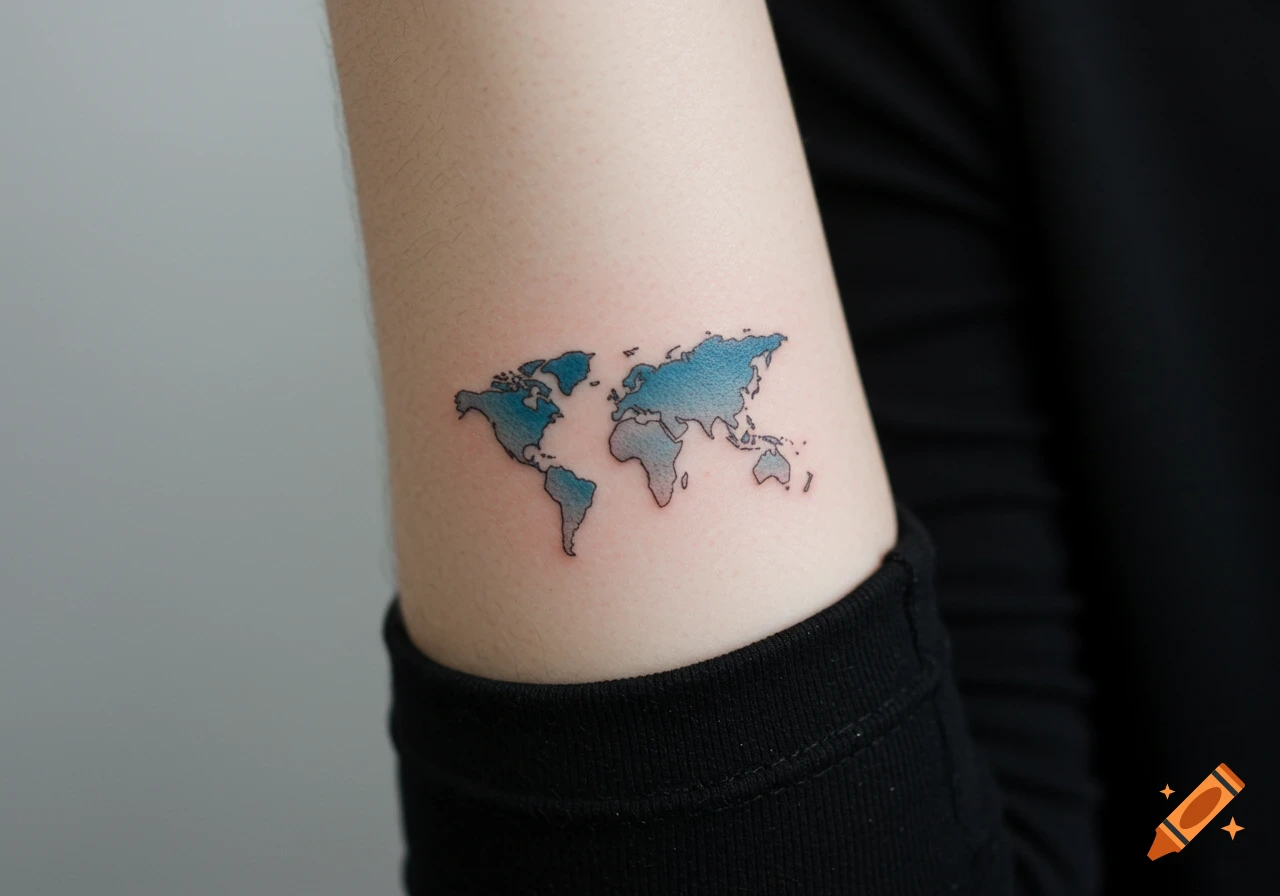 A tiny blue and black outline world map tattoo on a person's upper arm.