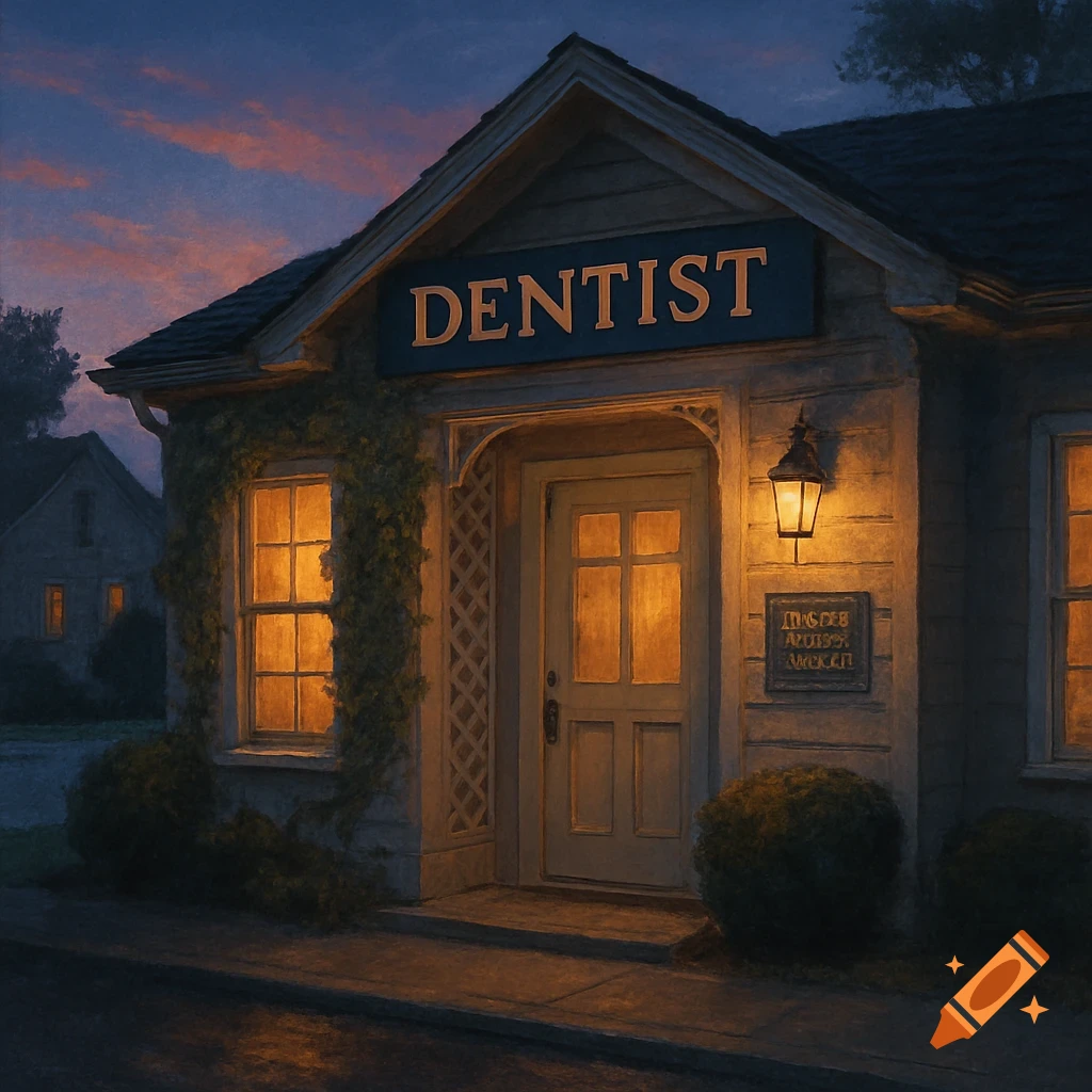 A small, lit dental office building with a 'DENTIST' sign at dusk, with warm light glowing from the windows.