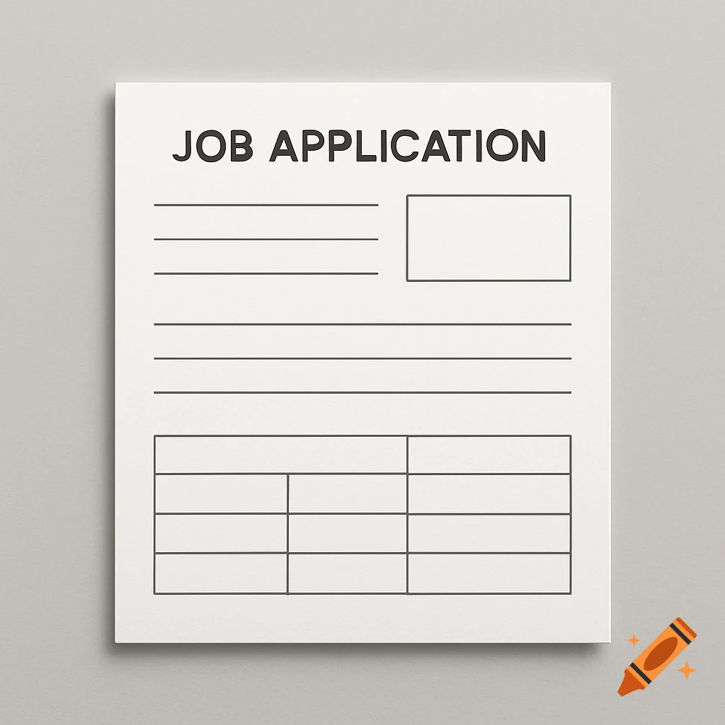 A minimalist white paper with 'JOB APPLICATION' printed at the top, with blank lines and tables below.