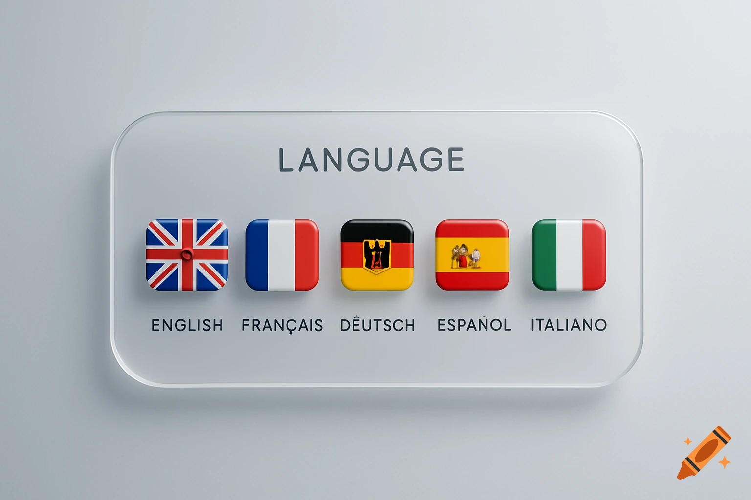 A language selection screen displaying five flags (UK, France, Germany, Spain, Italy) with their corresponding language names below.