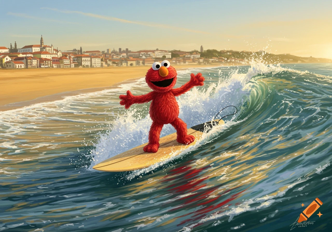 Elmo surfing a wave with a big smile, a sandy beach and a European-style city in the background at sunset.