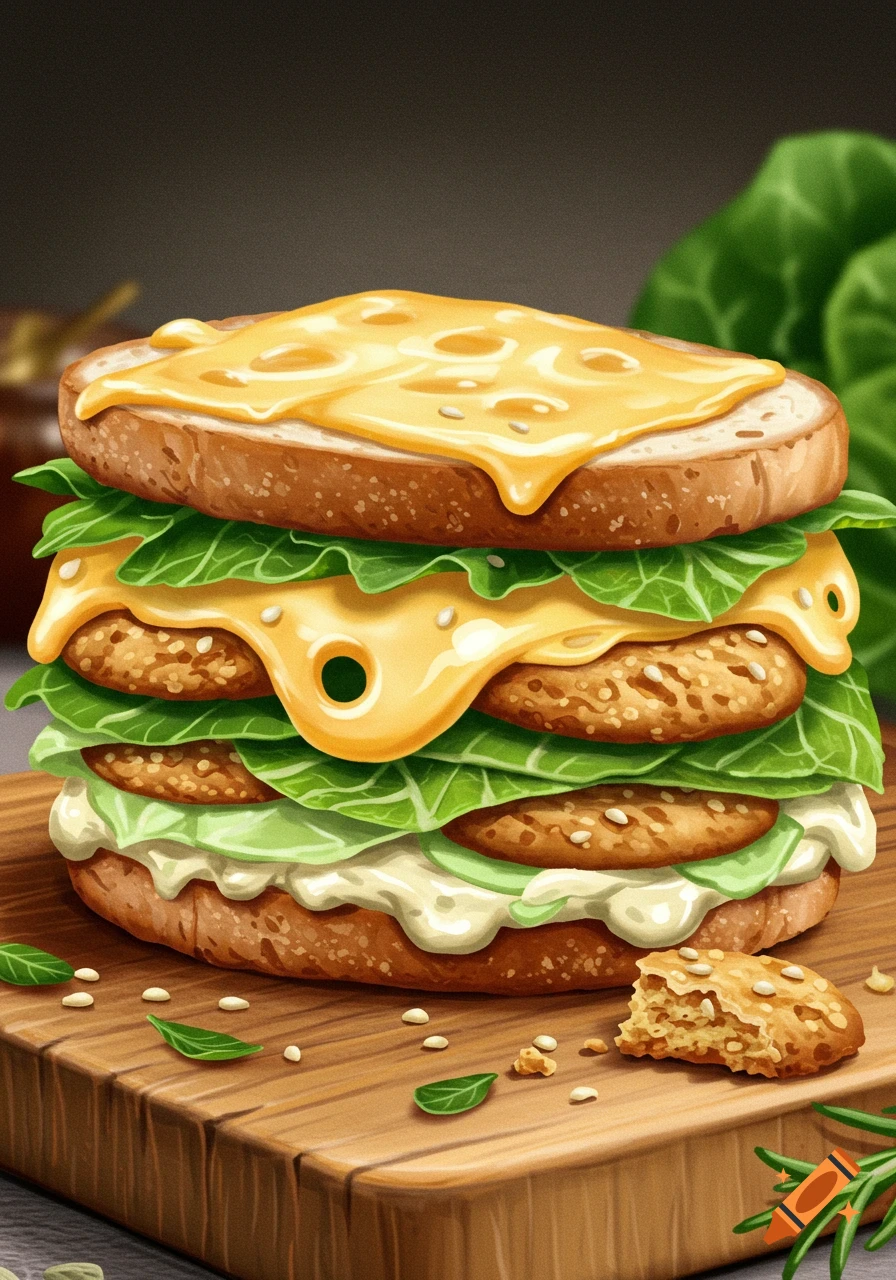 An illustrative close-up of a towering sandwich with toasted bread, melted cheese, green lettuce, savory patties, and white sauce on a wooden board.