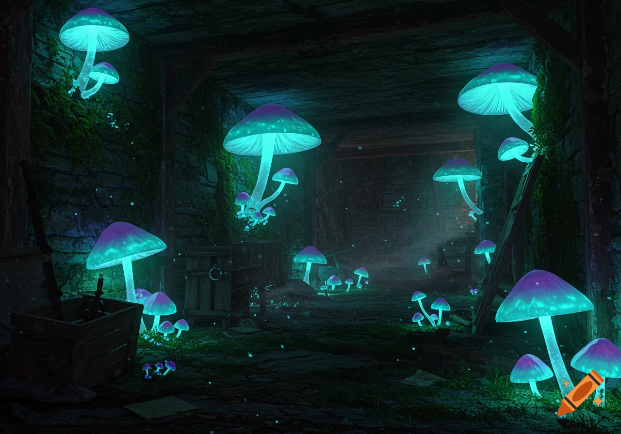 A dark, mossy basement filled with glowing blue-green and purple mushrooms of various sizes, creating an ethereal glow.