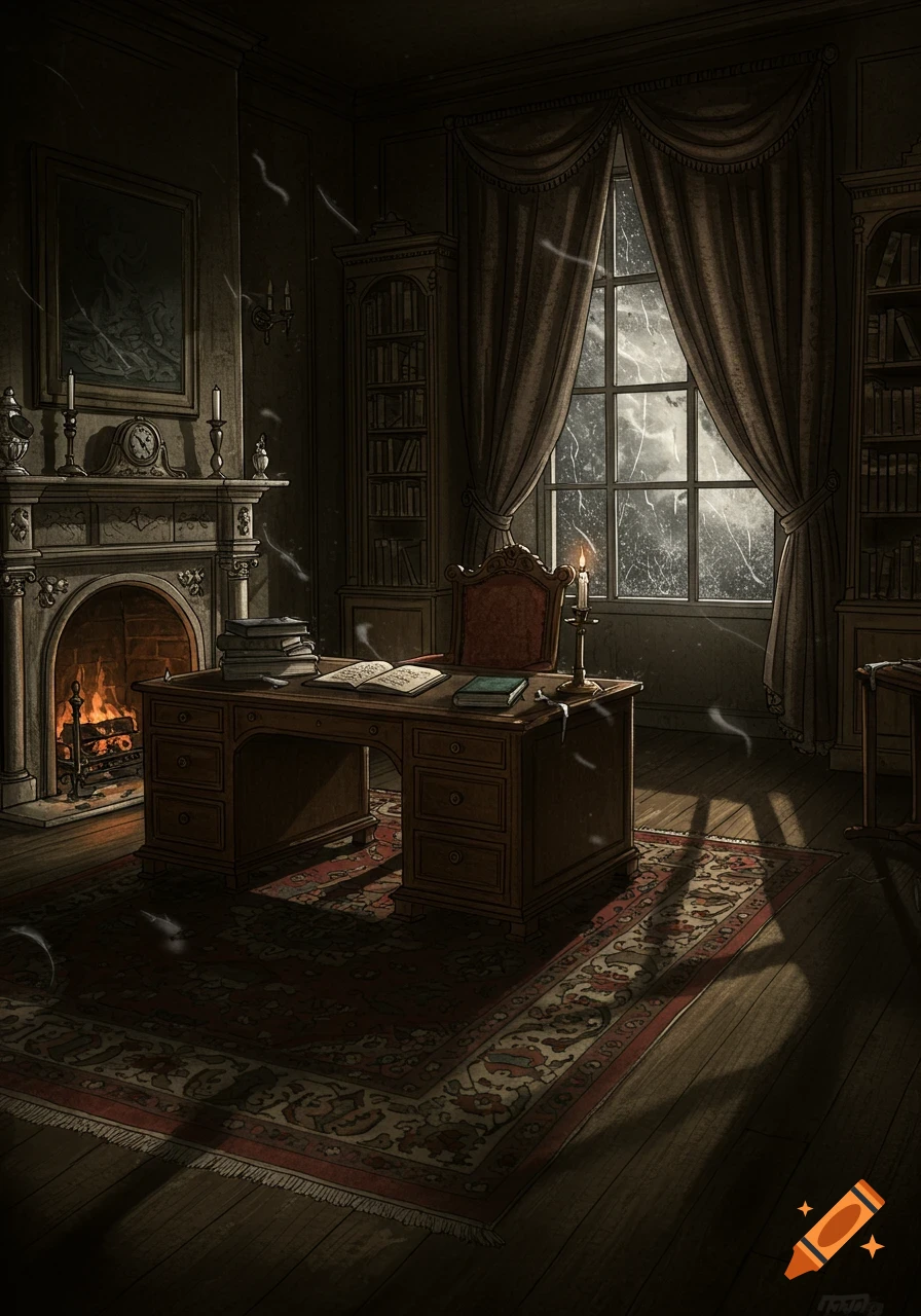 A dim Victorian study drawing with a lit fireplace, a desk, bookshelves, and a storm visible through a window.