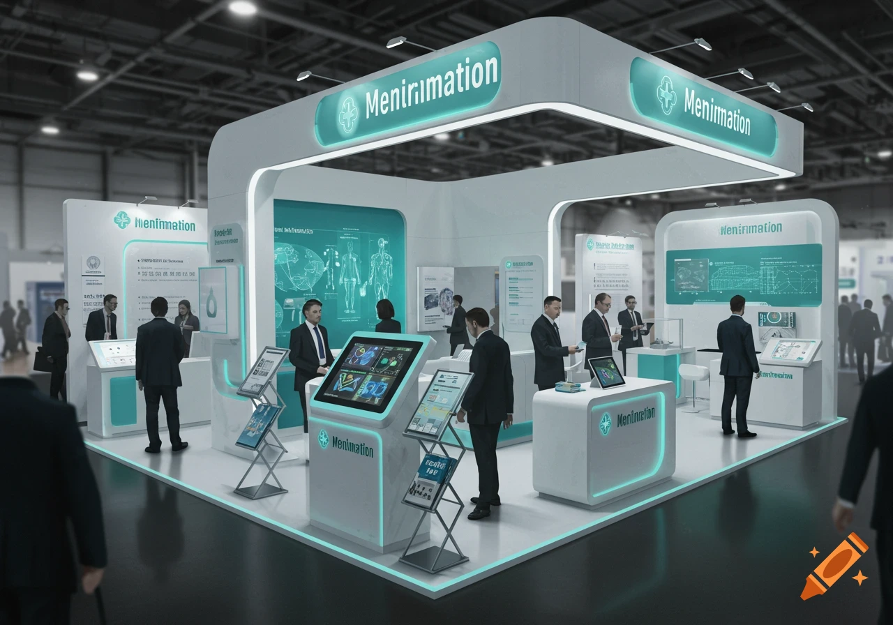 A modern medical information booth at a conference, with attendees, large screens displaying anatomical diagrams and data, and teal accent lighting.