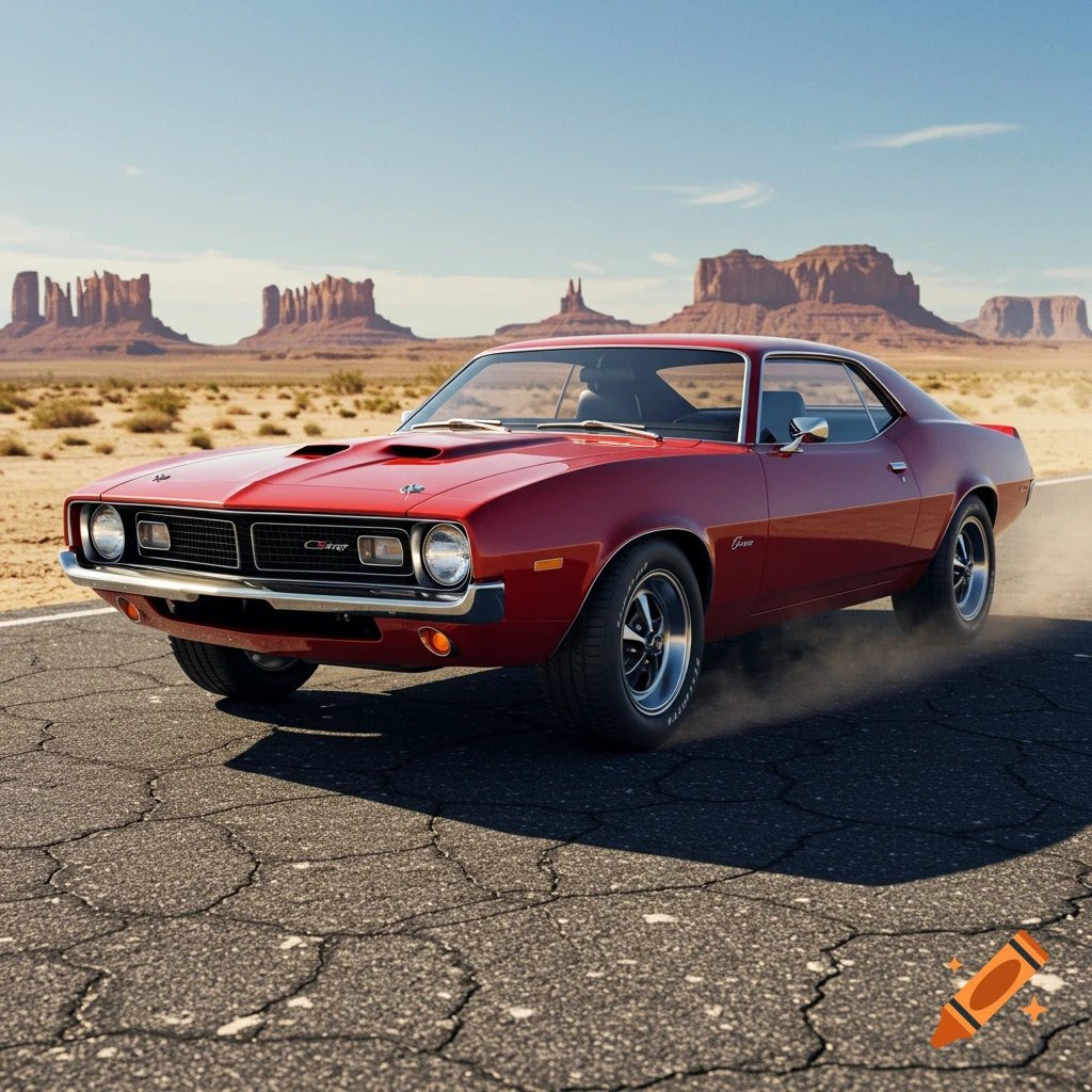 A red muscle car on a cracked desert road with mesas in the background under a blue sky.
