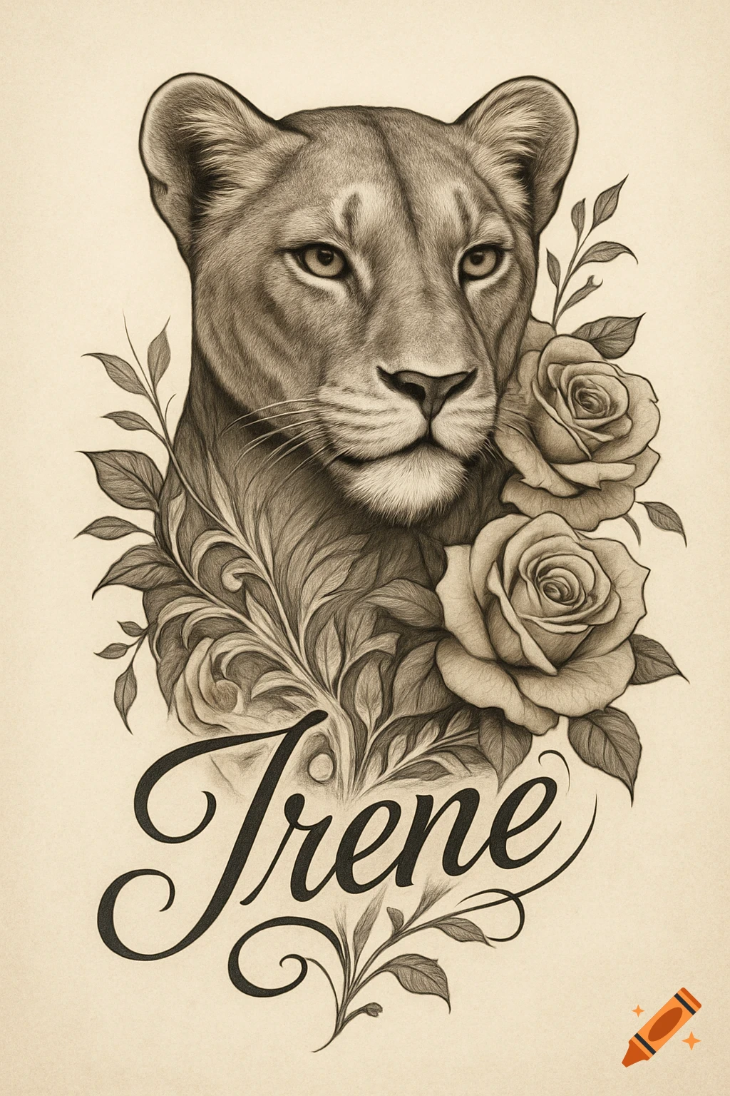 Monochrome drawing of a lioness head with roses and ornamental leaves, with the name Irene in script below.