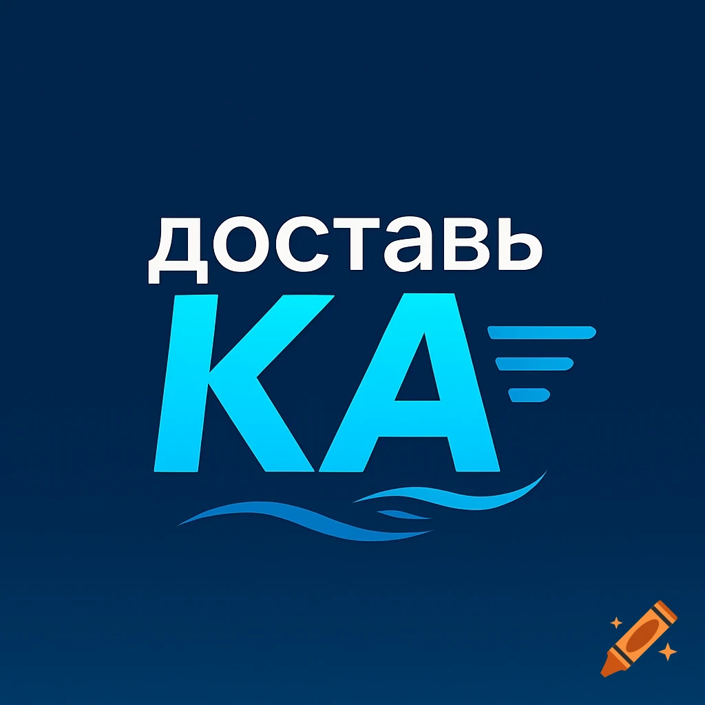 A blue and white logo for a delivery app, featuring the words "доставьКА", stylized wings, and waves on a dark blue background.