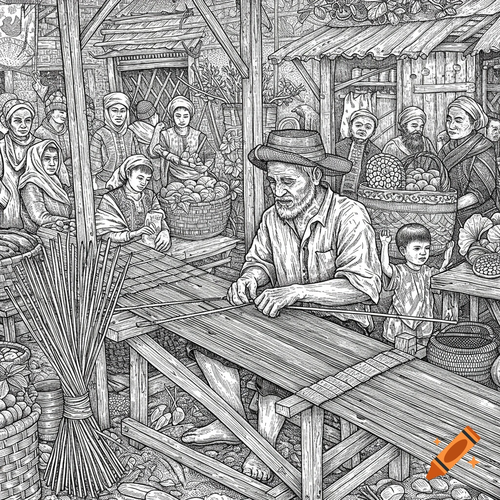 Detailed black and white line drawing of a man weaving in a busy outdoor market with other people and stalls.