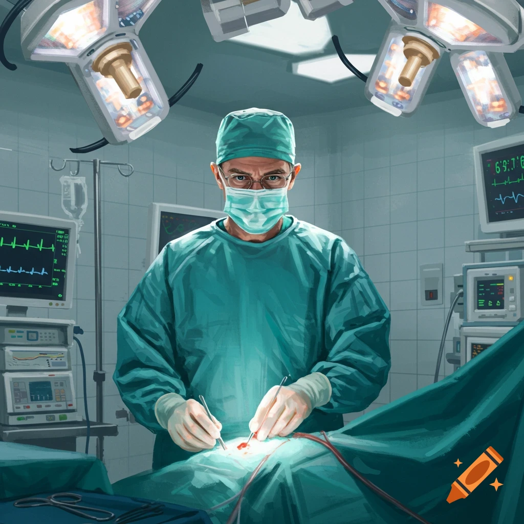 A masked surgeon in an operating room performs surgery on a patient, surrounded by medical equipment, in an illustrative style.