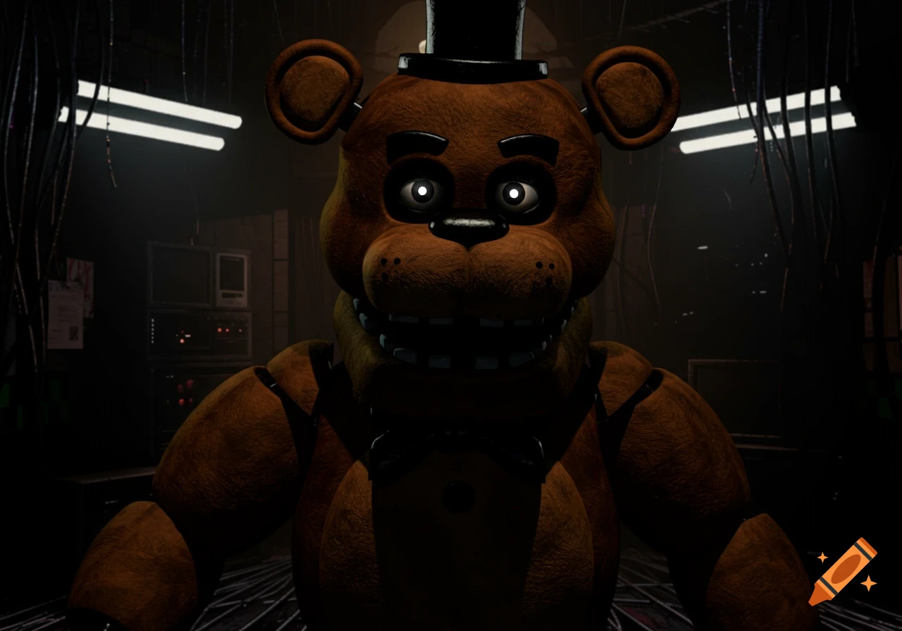A close-up, dimly lit, photorealistic shot of Freddy Fazbear from Five Nights at Freddy's, staring forward with glowing eyes in a dark room with wires and fluorescent lights.