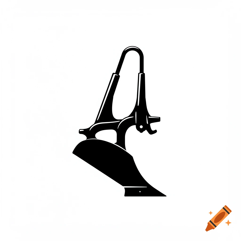 Black and white clipart illustration of a plowshare on a white background.