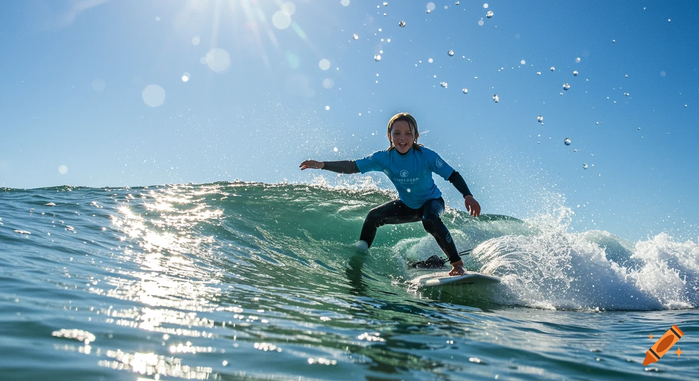 A child surfs a wave under a bright blue sky with a sunburst, water splashing around them, photorealistic.