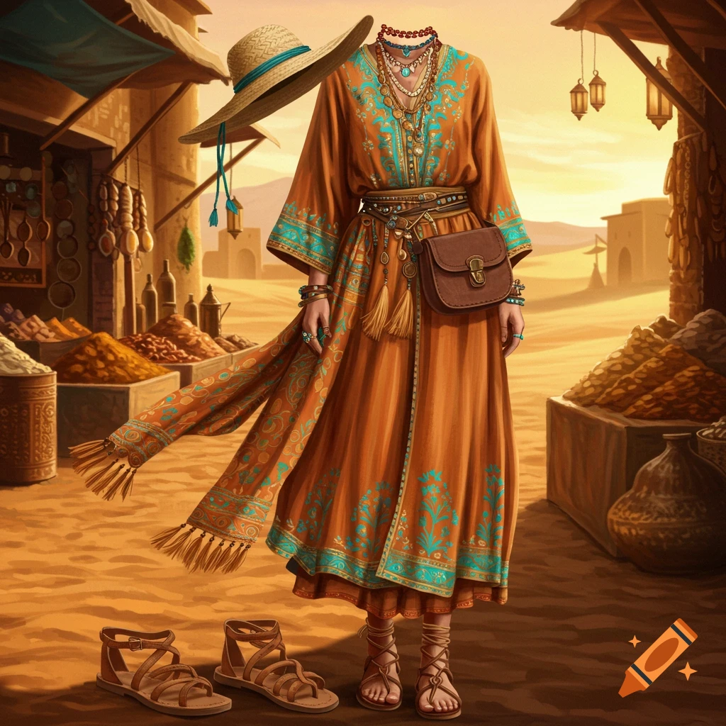 A vibrant orange and teal patterned traveler's outfit with a straw hat, necklaces, and sandals, displayed in a bustling desert marketplace.