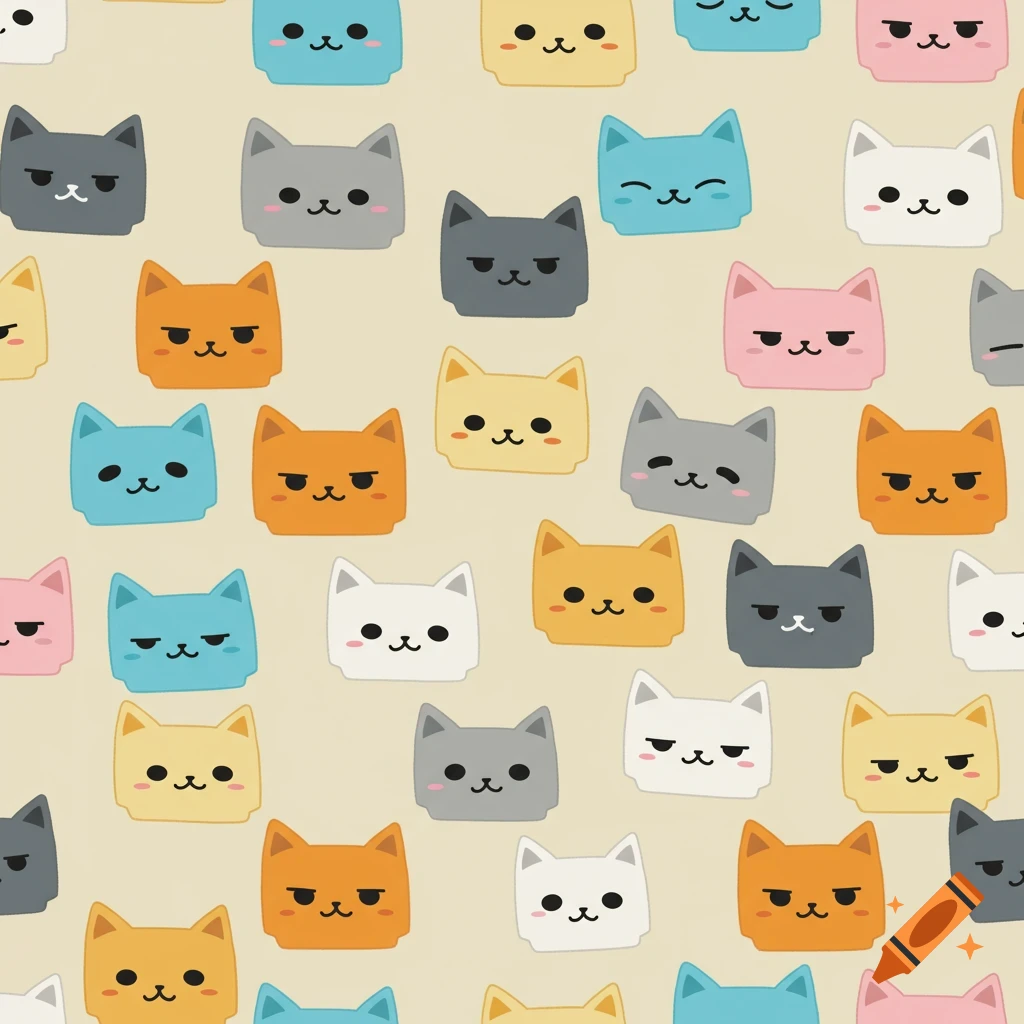 A seamless repeating pattern of cartoon cat faces in various colors and expressions, including happy, grumpy, sleepy, and annoyed, on a light cream background.