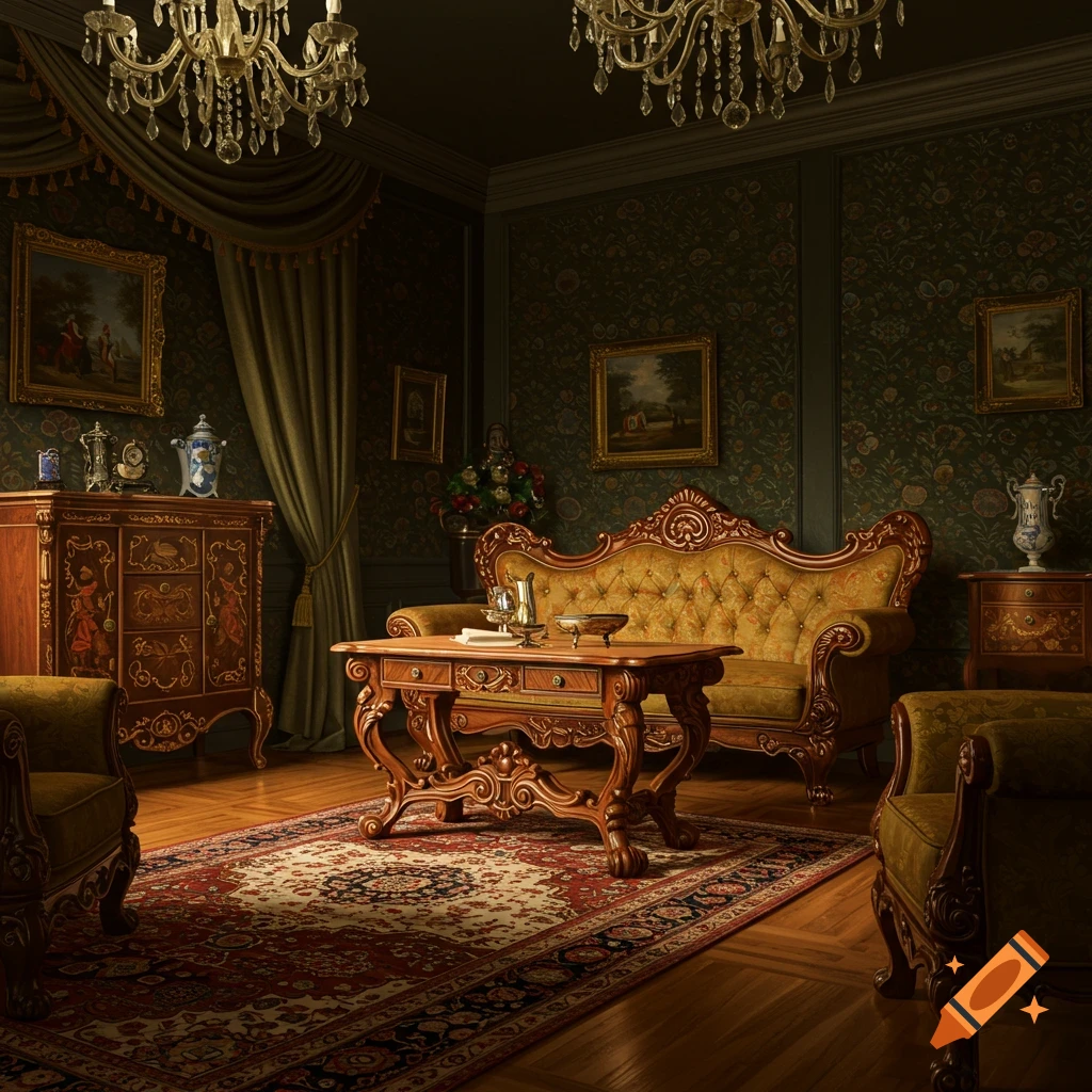 An opulent Victorian living room with carved wooden furniture, a gold tufted sofa, dark floral wallpaper, heavy curtains, and a rich red Persian rug.