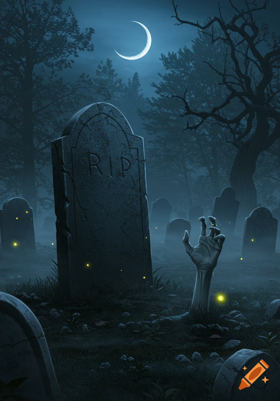 A zombie hand reaches from a grave in a dark, misty graveyard under a crescent moon, with fireflies glowing around tombstones.