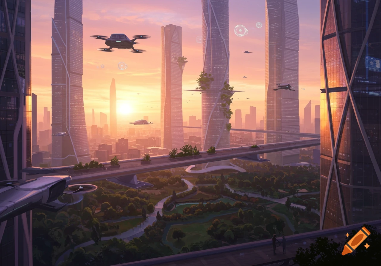A vibrant futuristic cityscape at sunrise with towering skyscrapers ...