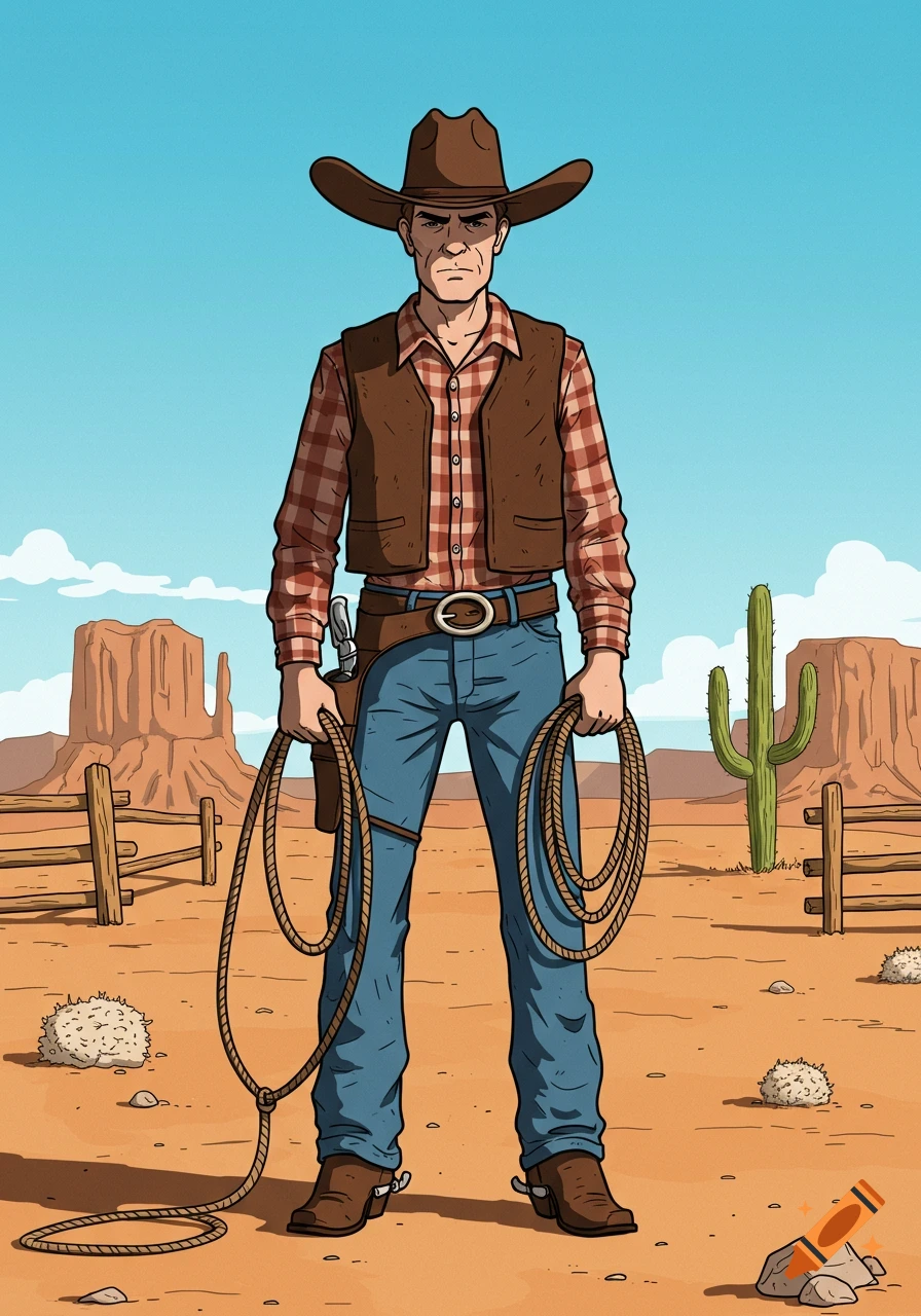 A cartoon cowboy in a brown hat, vest, and blue jeans holds two rope lassos in a desert landscape with mesas and a cactus.