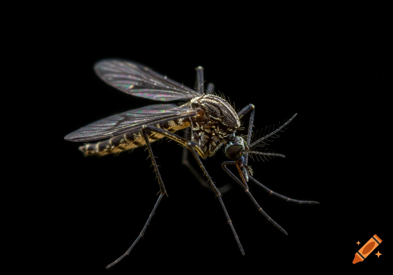 A detailed macro photograph of a mosquito with translucent wings and patterned body against a black background.