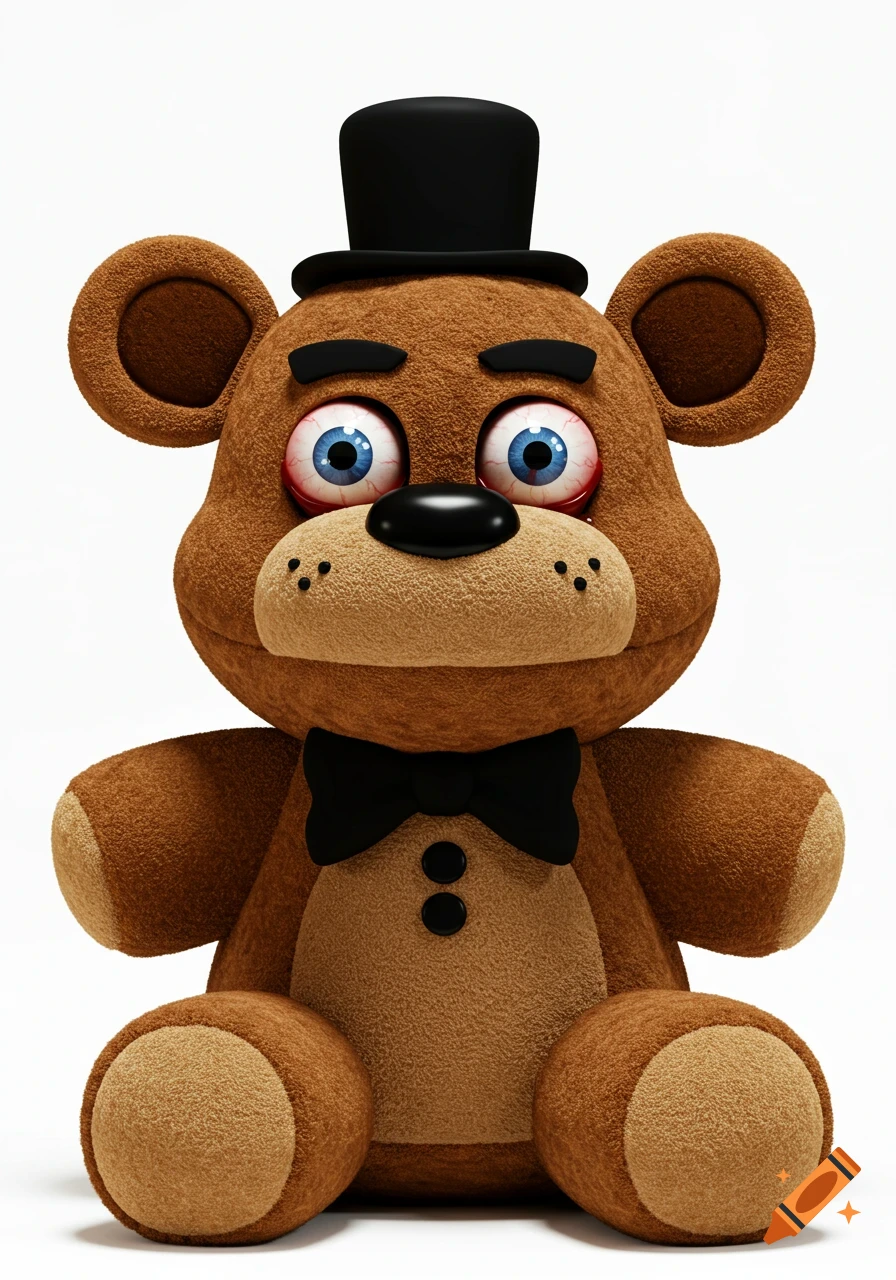 Photorealistic Freddy Fazbear plushie with a black top hat, bow tie, and realistic bloodshot human eyeballs on a white background.