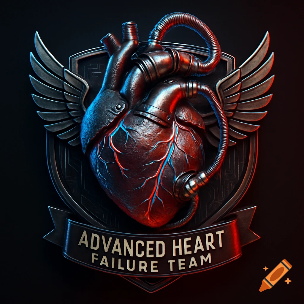 A futuristic metallic heart emblem with glowing veins, mechanical parts, and wings, on a shield with "ADVANCED HEART FAILURE TEAM" banner.