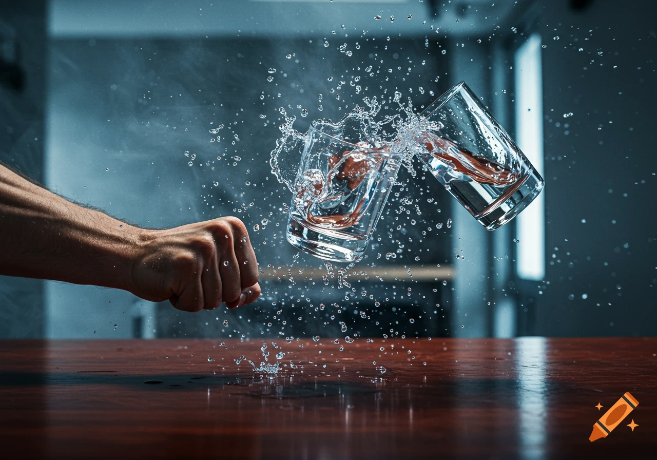 A fist punches two glasses of water, sending droplets splashing dynamically across a wooden table.