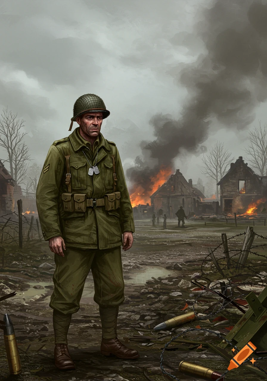 An illustration of a World War 2 soldier standing in a destroyed village with burning buildings under a cloudy sky.