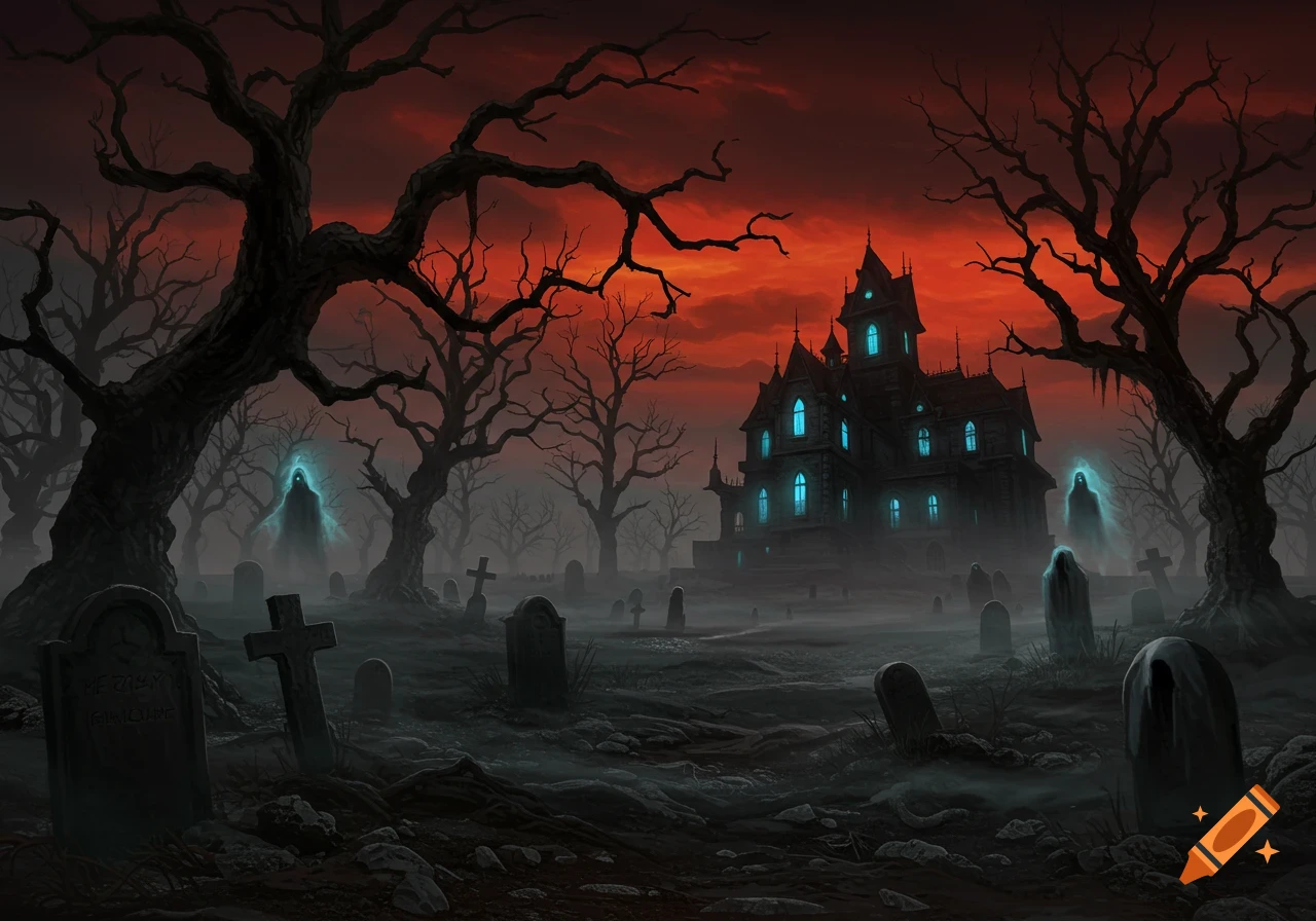 A dark, spooky cemetery with a haunted house glowing blue, bare trees, and misty ghostly figures under a blood-red sky.