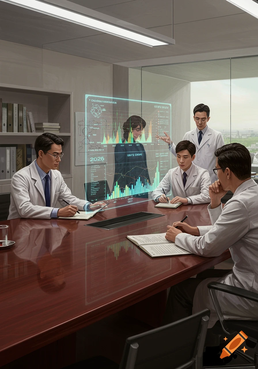 Four scientists in lab coats at a conference table, looking at a holographic display with data and the year 2026, in a modern office.