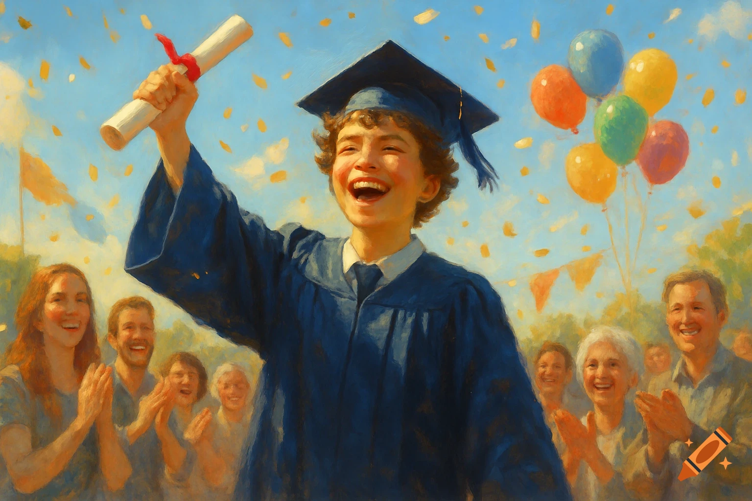 Happy graduate in cap and gown holding a diploma, smiling as confetti falls and people clap, painted in an impressionistic style.