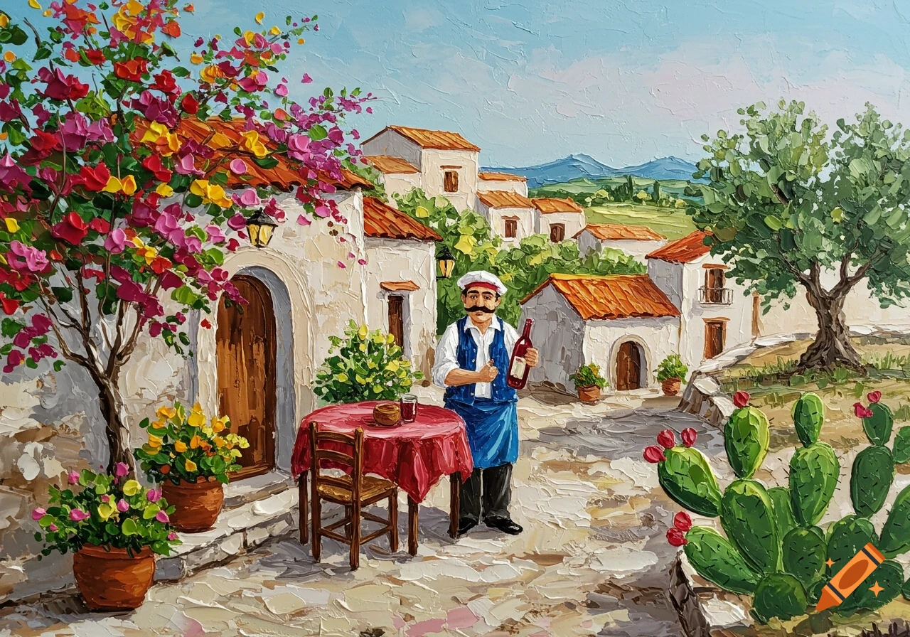A vibrant, textured palette knife painting depicts a moustached Sicilian innkeeper holding a wine bottle outside his tavern, surrounded by white houses with red roofs, colorful bougainvillea, an olive tree, and cacti under a blue sky.