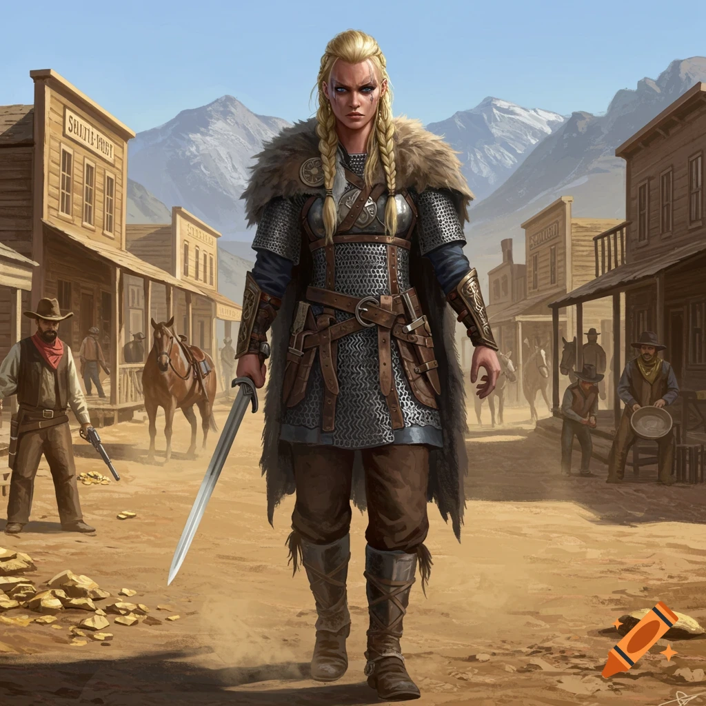 A Viking warrior woman in chainmail and fur armor stands with a sword in a dusty Old West town street with cowboys and gold.